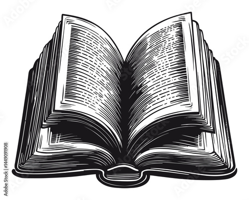 Detailed Engraving of an Open Book Illustrating Literary Themes
