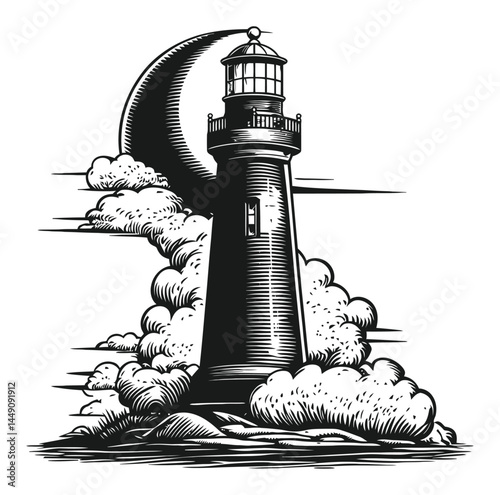 Vintage Engraving of a Lighthouse with Clouds and Moon Illustration