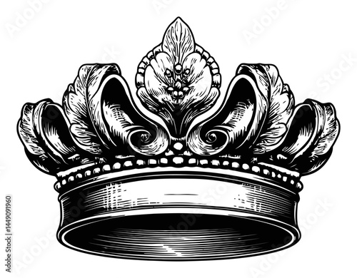 Detailed Engraving of Ornate Crown with Floral Elements and Curves