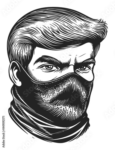 Detailed Monochrome Engraving of Mysterious Man with Mask