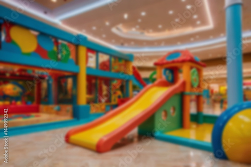 Wallpaper Mural interior of children's play area in a blurry mall, slide game, no people, bright lighting, colorful, children's play area, blurry wallpaper Torontodigital.ca