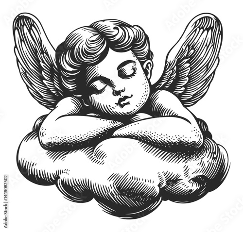 Serene Angel Illustration Engraving in Vintage Style Sleeping on Cloud