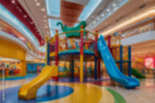Wallpaper Mural interior of children's play area in a blurry mall, slide game, no people, bright lighting, colorful, children's play area, blurry wallpaper Torontodigital.ca