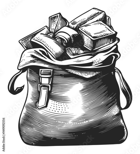 Vintage Engraving of a Bag Filled with Various Items and Blocks