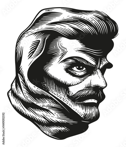 Engraved Illustration of a Strong Male Face with Dramatic Features