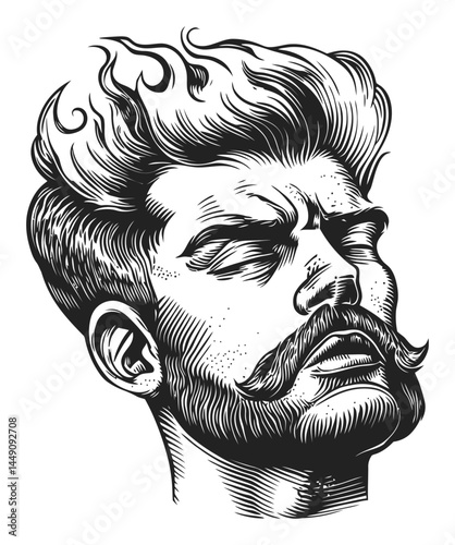 Detailed Illustration of a Confident Man with Stylish Hair and Mustache