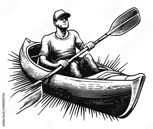 Detailed Engraving of a Man in a Canoe Paddling Skillfully