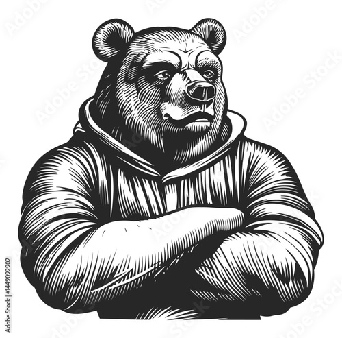 Bold Bear Illustration in Hoodie with Strong Posture and Expression
