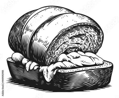 Vintage Engraving of a Delicious Sandwich on White Bread