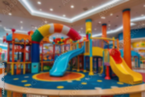 Wallpaper Mural interior of children's play area in a blurry mall, slide game, no people, bright lighting, colorful, children's play area, blurry wallpaper Torontodigital.ca