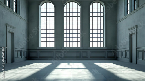 Grand Hall With Sunlight Illuminating Through Large Arch Windows