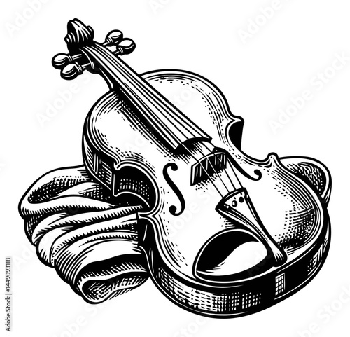 Detailed Engraving of a Violin Resting on a Fabric Surface