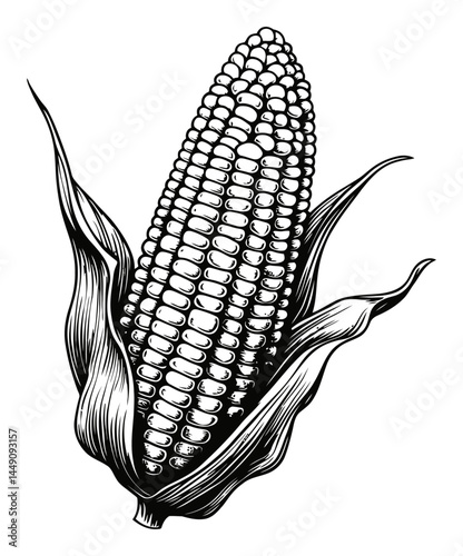 Detailed Black and White Engraving of a Fresh Corn Cob Illustration
