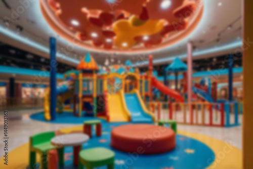 Wallpaper Mural interior of children's play area in a blurry mall, slide game, no people, bright lighting, colorful, children's play area, blurry wallpaper Torontodigital.ca