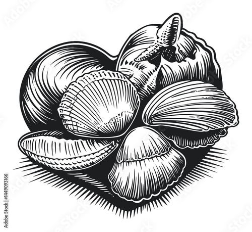 Detailed Engraving Illustration of Shells in Heart Shape Design