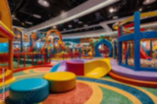 Wallpaper Mural interior of children's play area in a blurry mall, slide game, no people, bright lighting, colorful, children's play area, blurry wallpaper Torontodigital.ca