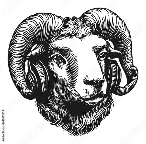Detailed Illustration of a Majestic Ram's Head with Intricate Engraving