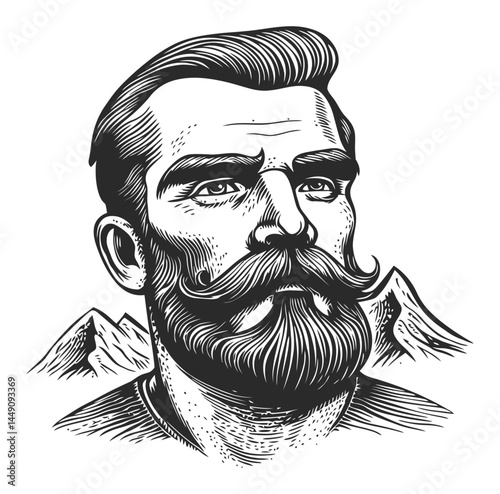 Detailed Engraving of a Man with Mustache and Mountain Background