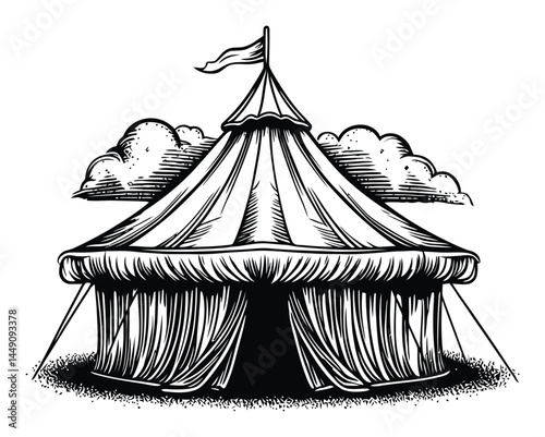Vintage Circus Tent Engraving with Clouds and Flag Illustration