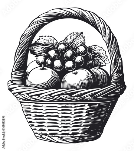 Engraving of a Fruit Basket with Grapes and Apples in Black and White