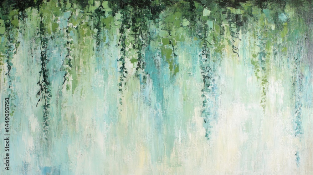 Fototapeta premium Lush, cascading greenery in soft, muted tones.