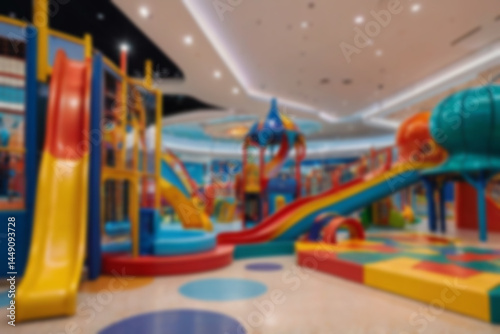 Wallpaper Mural interior of children's play area in a blurry mall, slide game, no people, bright lighting, colorful, children's play area, blurry wallpaper Torontodigital.ca