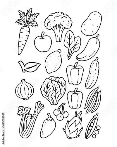 Outline Vegetables and Fruits Healthy Food Design Art