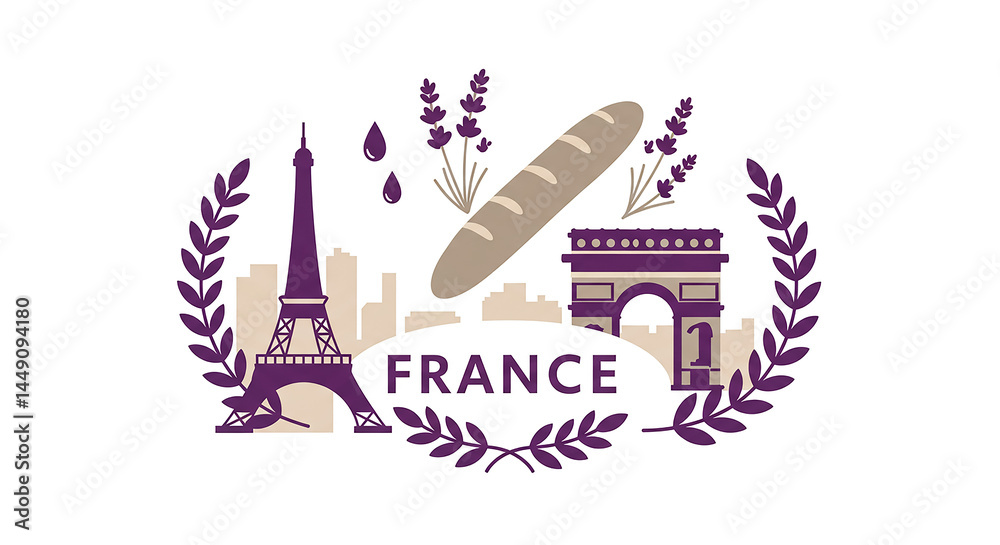 Fototapeta premium France, eiffel tower, arc de triomphe, baguette and lavender illustration