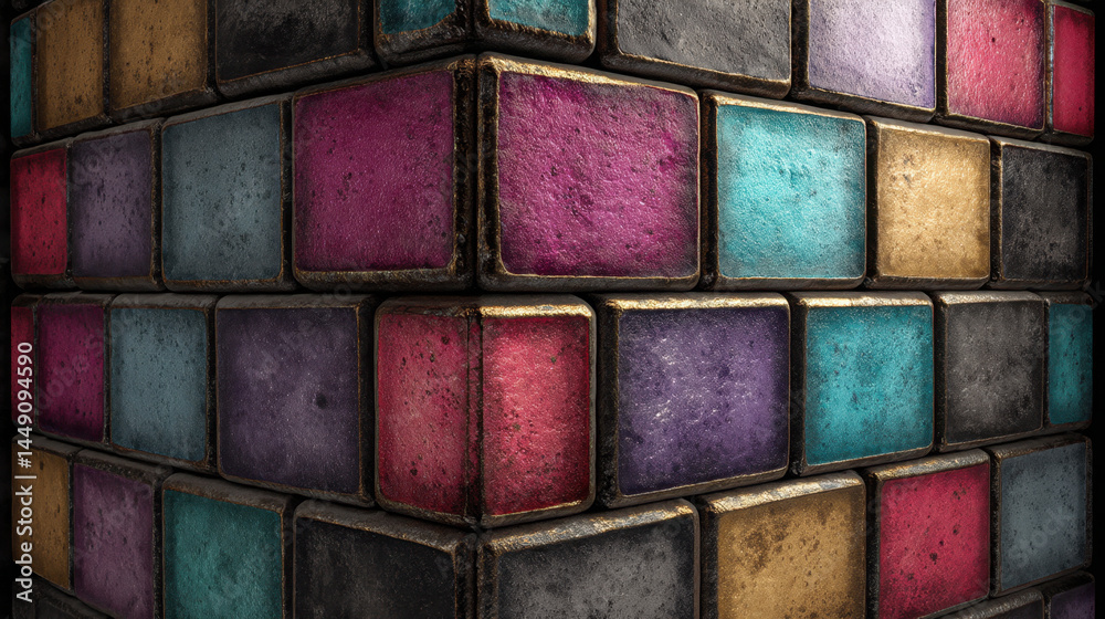 Colorful textured cubes arranged in 3D pattern with worn, vintage look, creating visually striking and artistic geometric design with vibrant hues and depth Colorful textured cubes arranged in 3D pattern with worn, vintage look, creating visually striking and artistic geometric design with vibrant hues and depth