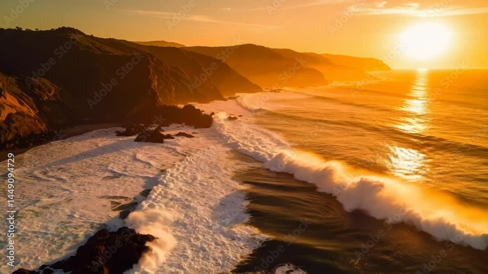 Waves Crashing on Shoreline at Golden Sunset Aerial View