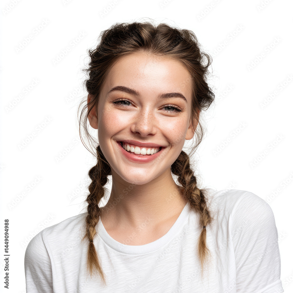 Smiling young woman with pigtails. Healthy, radiant skin, happy expression Smiling young woman with pigtails. Healthy, radiant skin, happy expression