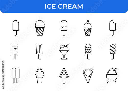 Ice Cream Vector Icon Set - Popsicle, cone, scoop, sundae, bar, wafer, dessert, sweet, frozen, summer, treat - Editable Line Weight