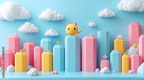 Whimsical colorful cityscape with happy character