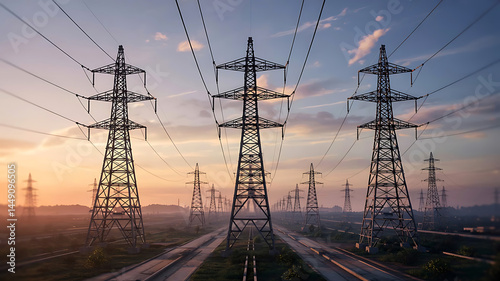 High Voltage Power Lines at Sunset Landscape