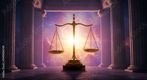 Scales of Justice with Space Background and Columns