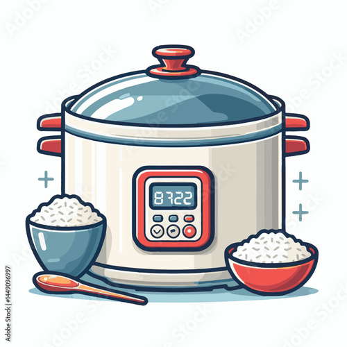 cooking, food, rice, pot, kitchen, cooker, steam, white, hot, heat, cook, rice cooker, meal, kitchenware, equipment, illustration, vector, electric, background, isolated, appliance, boil, home, grain,