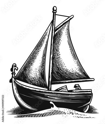 Detailed Engraving of a Traditional Sailboat with Flowing Sails