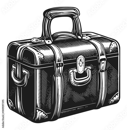 Antique Engraving of a Vintage Suitcase with Detailed Design