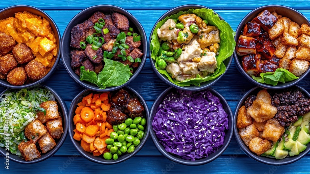 Colorful Gourmet Bowls with Mixed Ingredients on Blue Wooden Table Colorful Gourmet Bowls with Mixed Ingredients on Blue Wooden Table