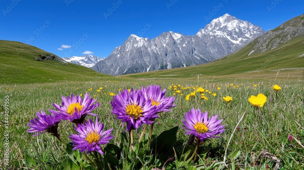 Obraz premium Vibrant Purple Flowers and Majestic Mountains in Sunny Landscape