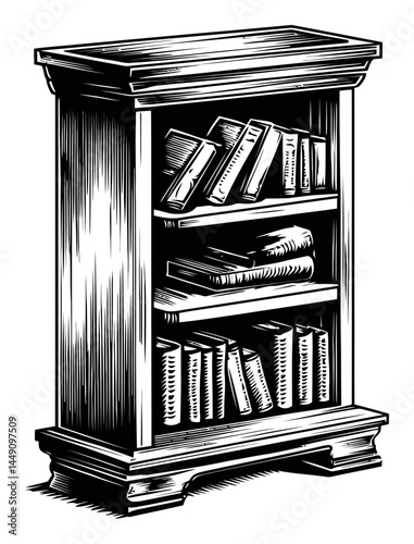 Detailed Wood Engraving of a Classic Bookcase with Books