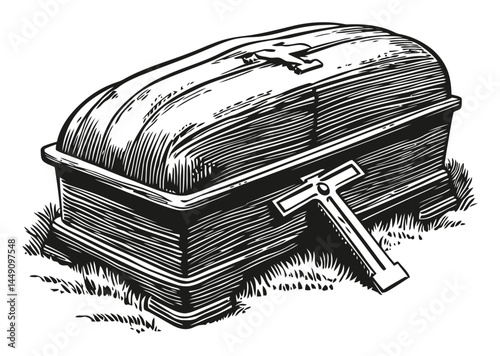Detailed Engraving of a Closed Wooden Coffin with Cross Design