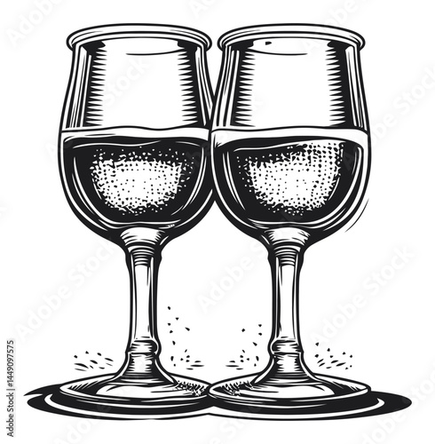 Vintage Engraving of Two Glasses Clinking in Celebration or Toast