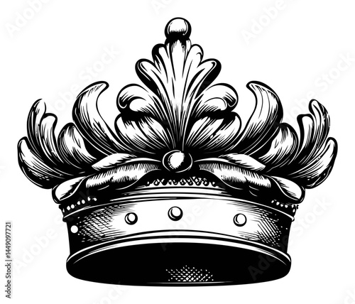 Detailed Engraved Illustration of a Regal Crown with Ornate Design