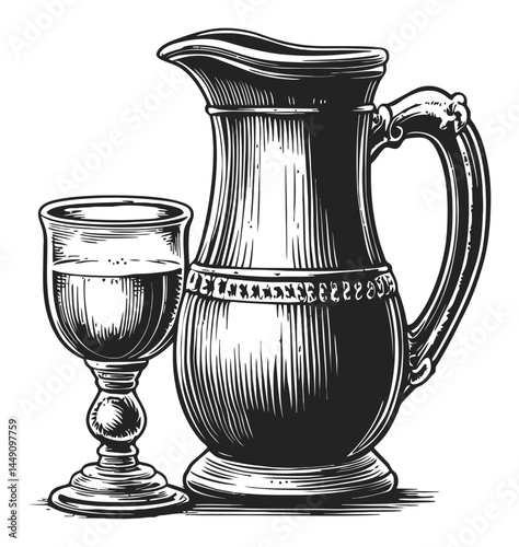 Detailed Engraving of a Vintage Jug and Goblet in Black and White