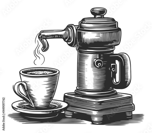 Vintage Engraving of a Coffee Maker with Cup and Steam