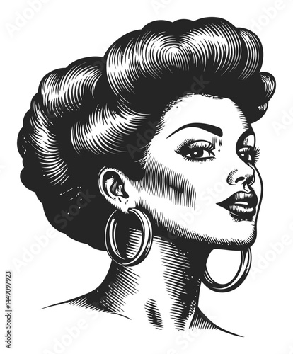 Elegant Black and White Engraved Portrait of a Stylish Woman
