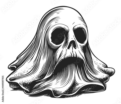 Vintage Engraving of a Skull with Flowing Cloth Detail