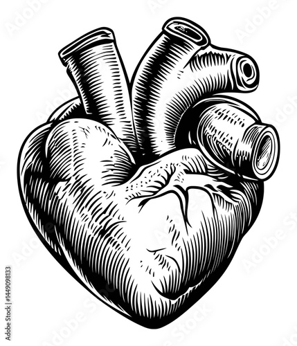Detailed Engraving of Human Heart with Vascular Tubes Illustration