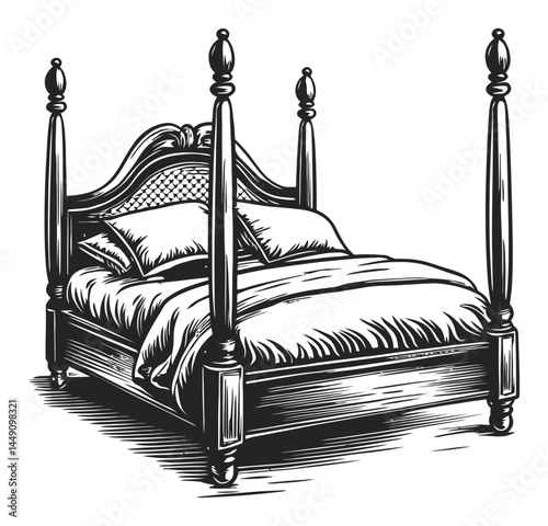 Elegant Vintage Four-Poster Bed Engraving with Decorative Pillows